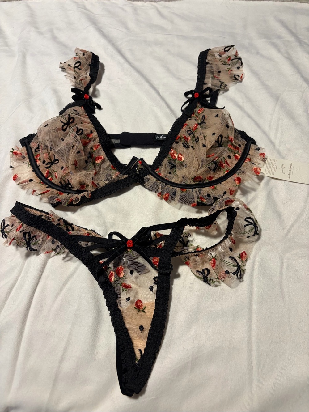 NWT. For Love & Lemons. Sheer Floral Embroidered Ruffle Bra & Thong Set